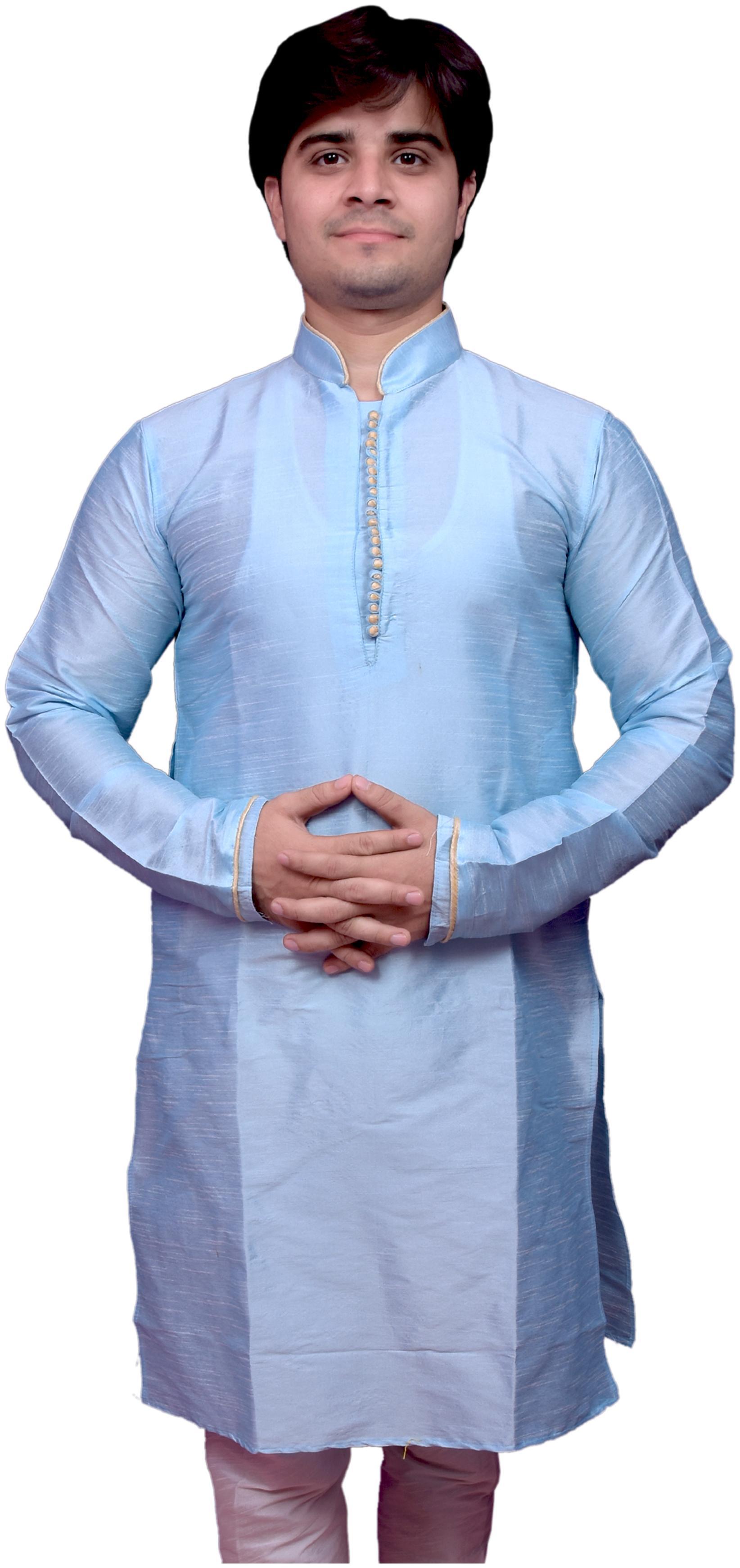 

Adr Chikan (Diwali Special) Sky Blue Dupion Slik Hand Loop Mens Kurta Pyjama Set