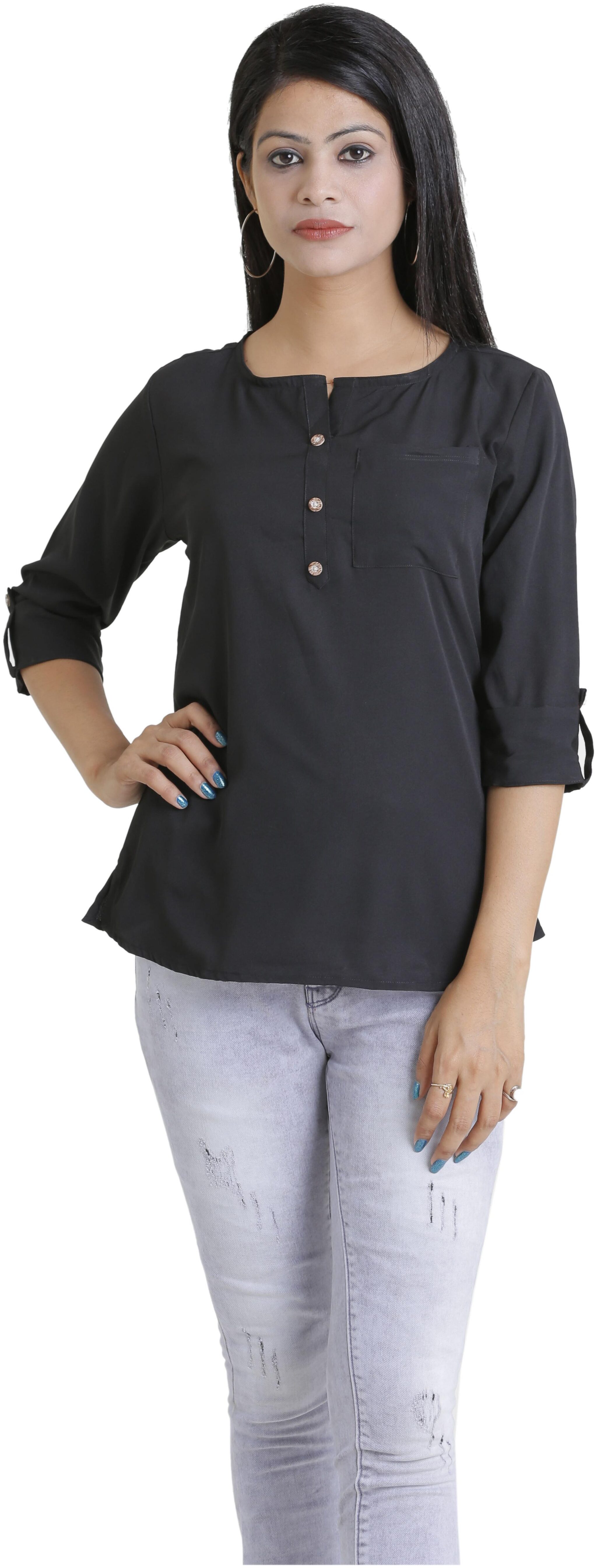 

ADR International Women Solid Embroidered Shirt style Regular top - Black