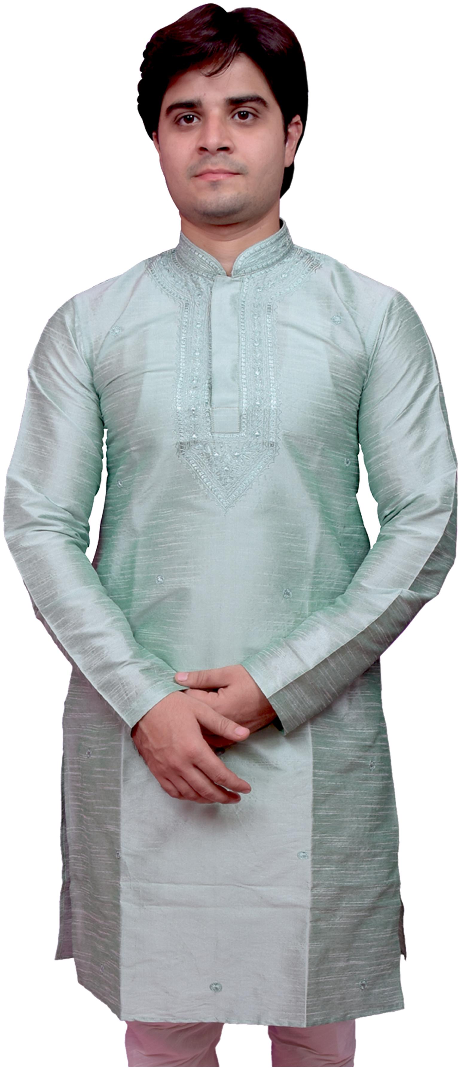 

Adr Chikan Light Green Banarasi Dupion Slik Hand Loop Mens Kurta Pyjama Set