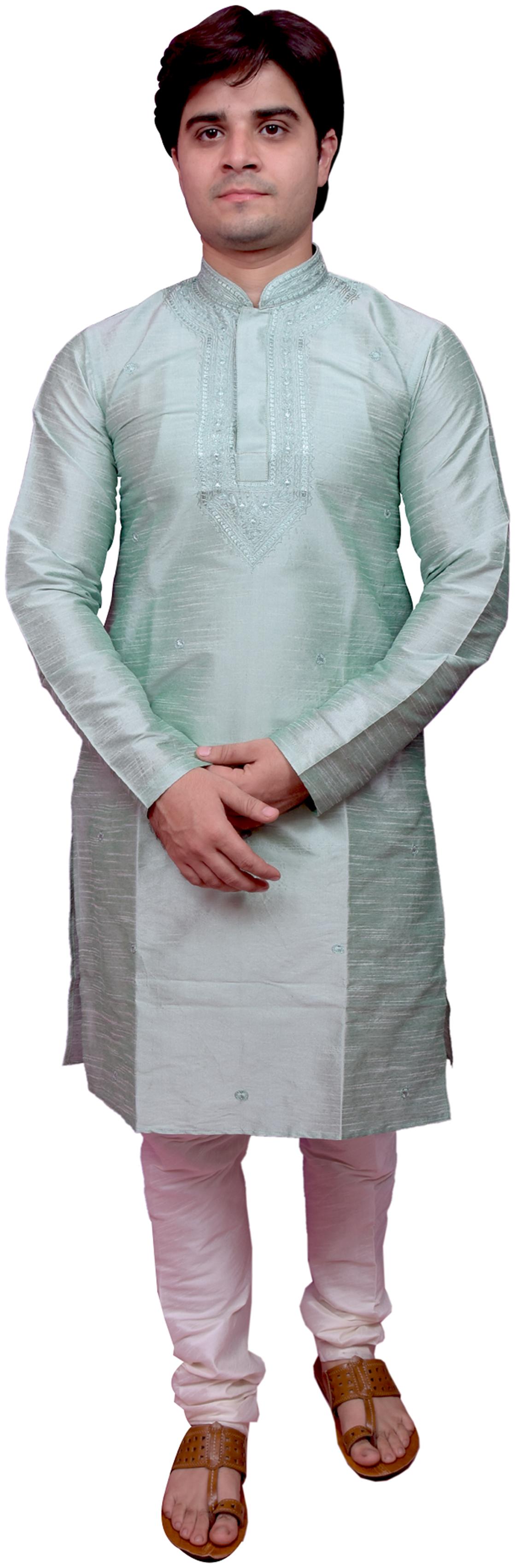 

Adr Chikan Light Green Banarasi Dupion Slik Hand Loop Mens Kurta Pyjama Set