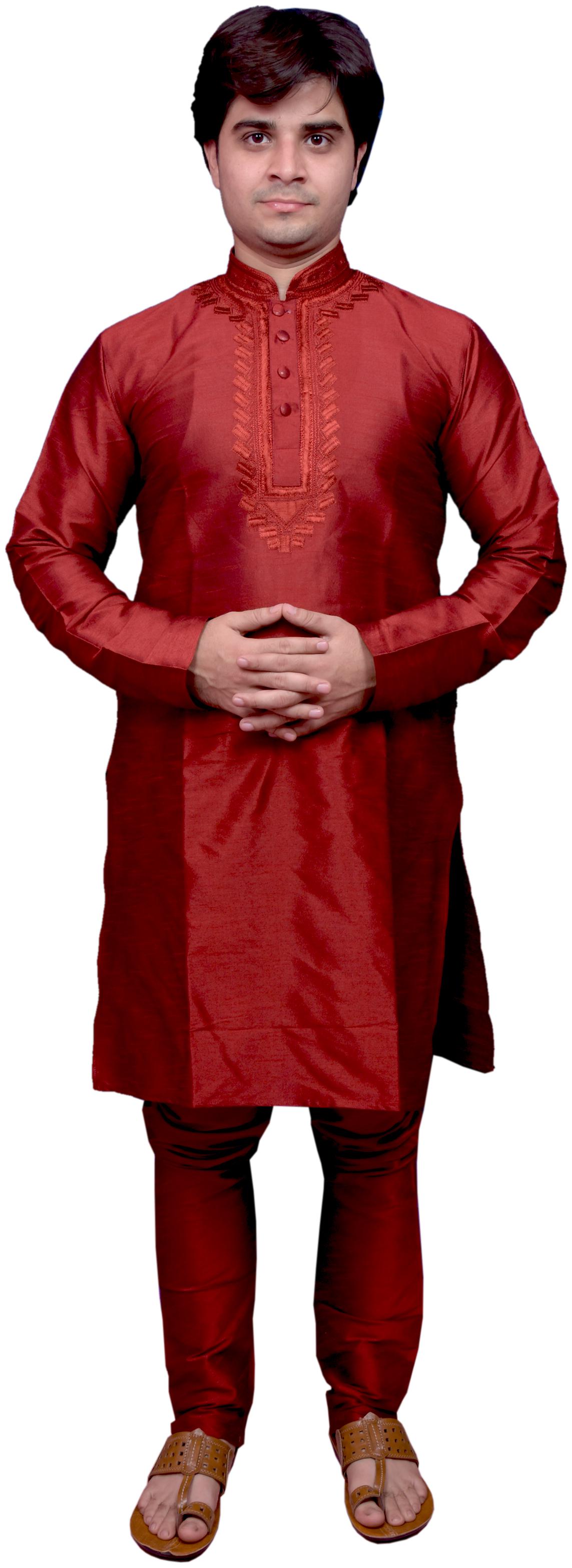 

Adr Chikan Maroon Banarasi Dupion Slik Hand Loop Mens Kurta Pyjama Set