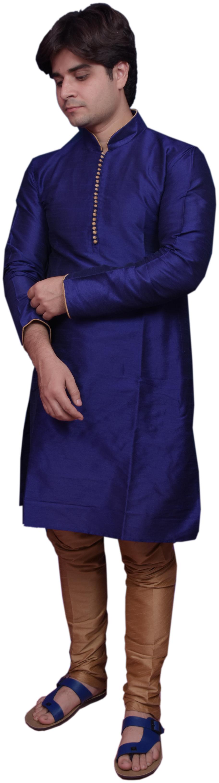 

Adr Chikan Royal Blue Banarasi Dupion Slik Hand Loop Mens Kurta Pyjama Set