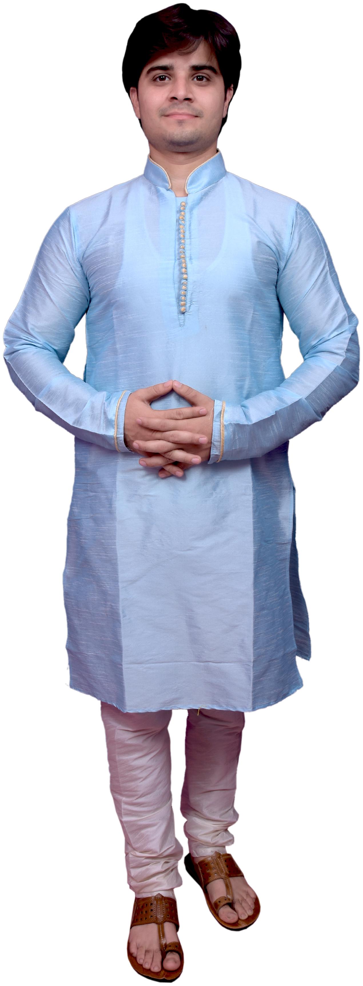 

Adr Chikan Sky Blue Banarasi Dupion Slik Hand Loop Mens Kurta Pyjama Set