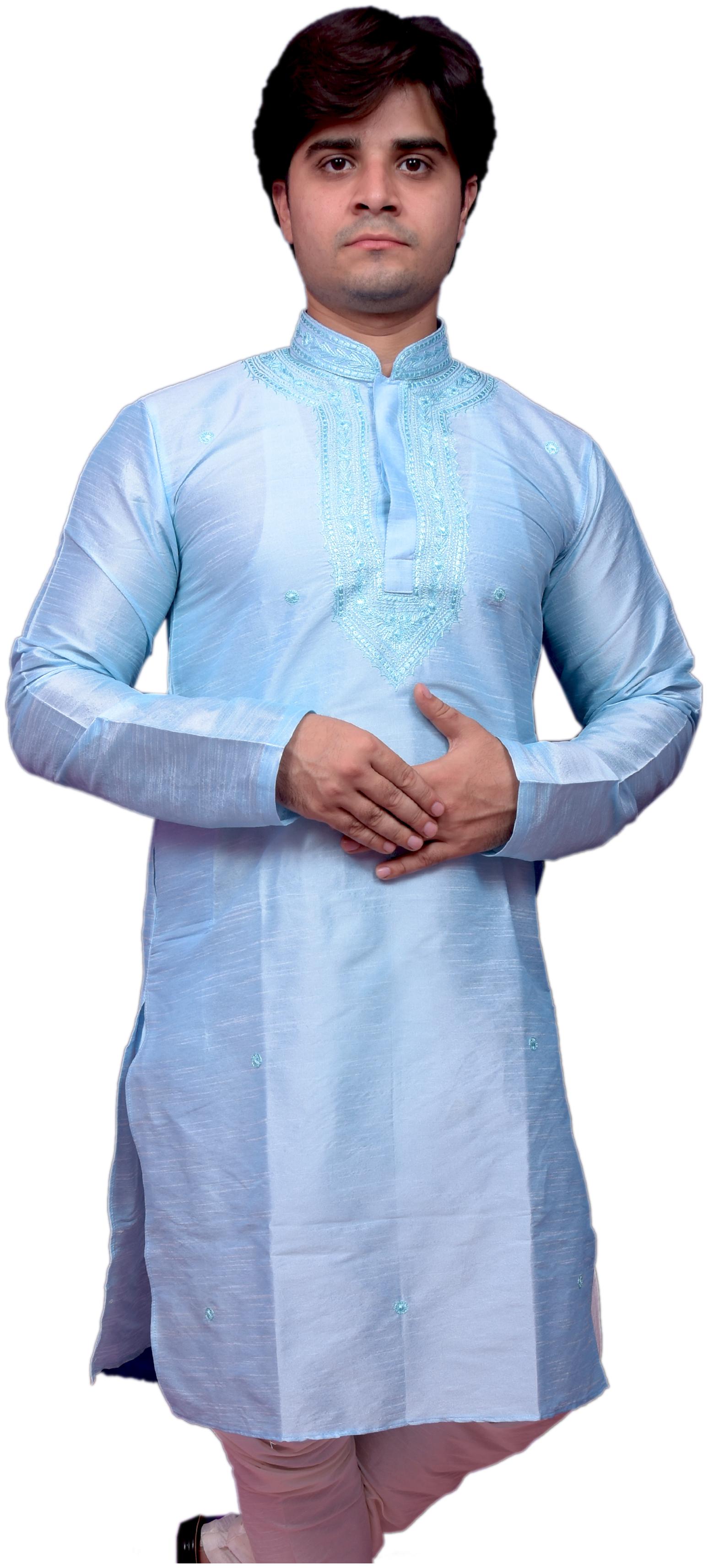 

Adr Chikan Sky Blue Banarasi Dupion Slik Hand Loop Mens Kurta Pyjama Set
