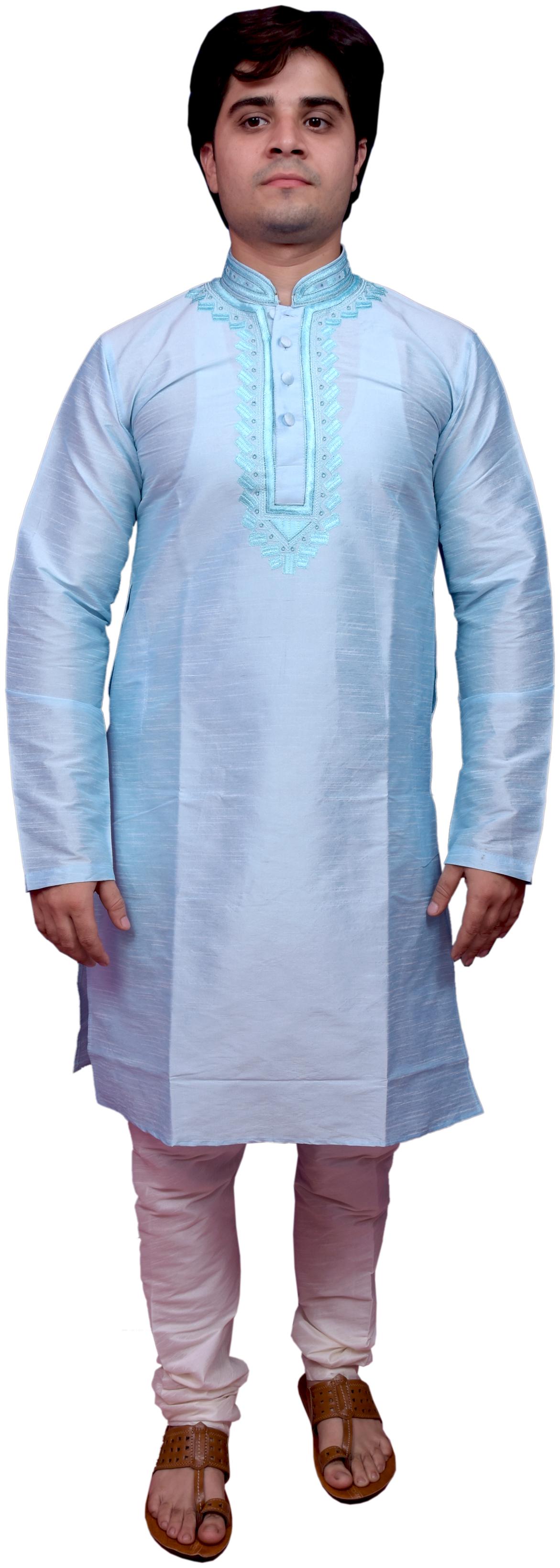

Adr Chikan Sky Blue Banarasi Dupion Slik Hand Loop Mens Kurta Pyjama Set