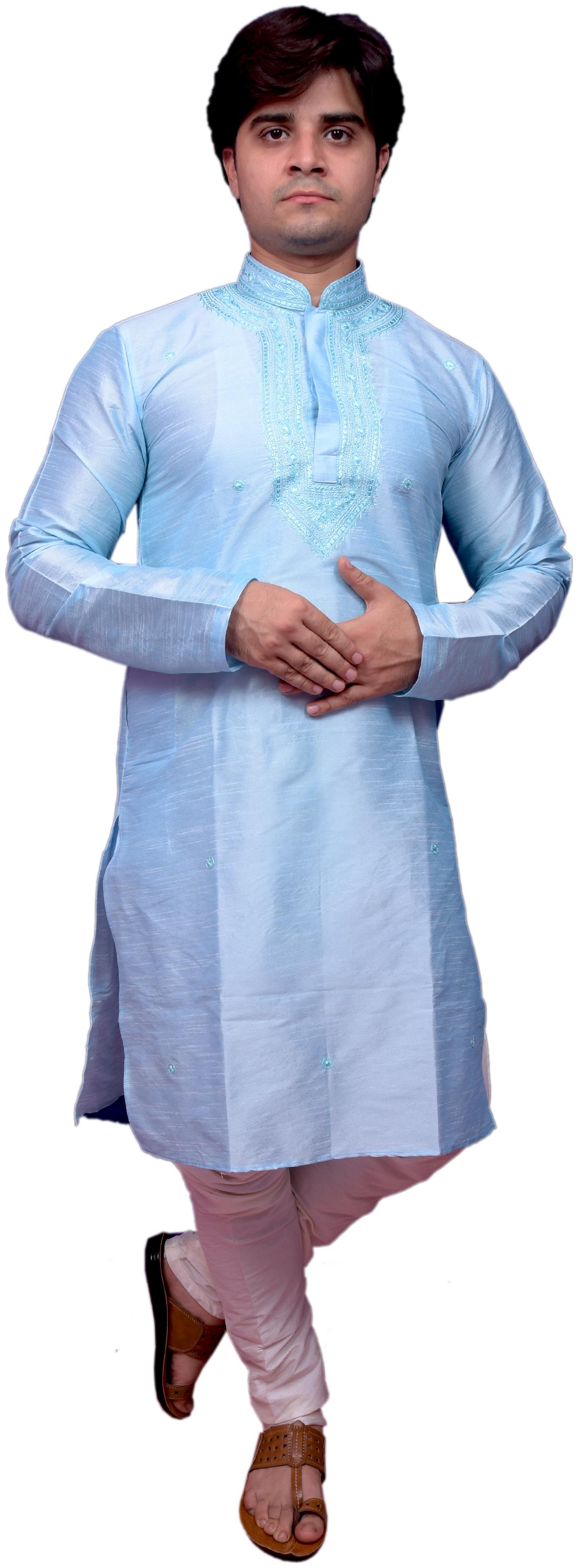 

Adr Chikan Sky Blue Banarasi Dupion Slik Hand Loop Mens Kurta Pyjama Set