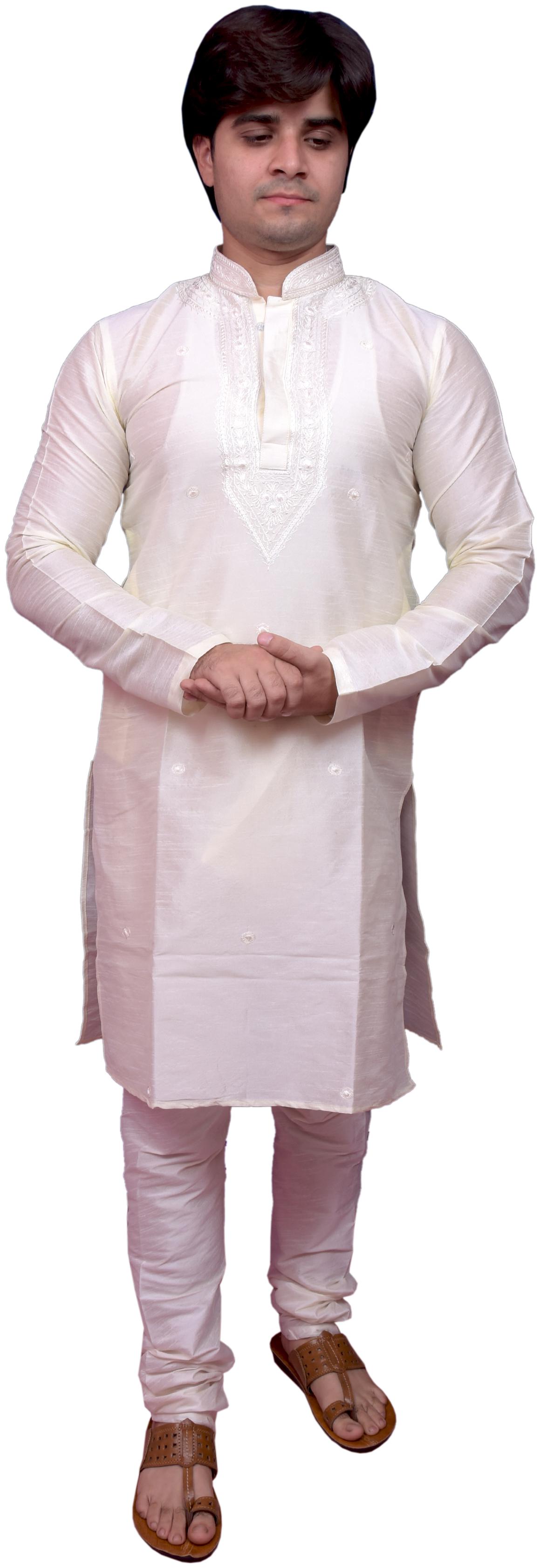 

Adr Chikan White Banarasi Dupion Slik Hand Loop Mens Kurta Pyjama Set