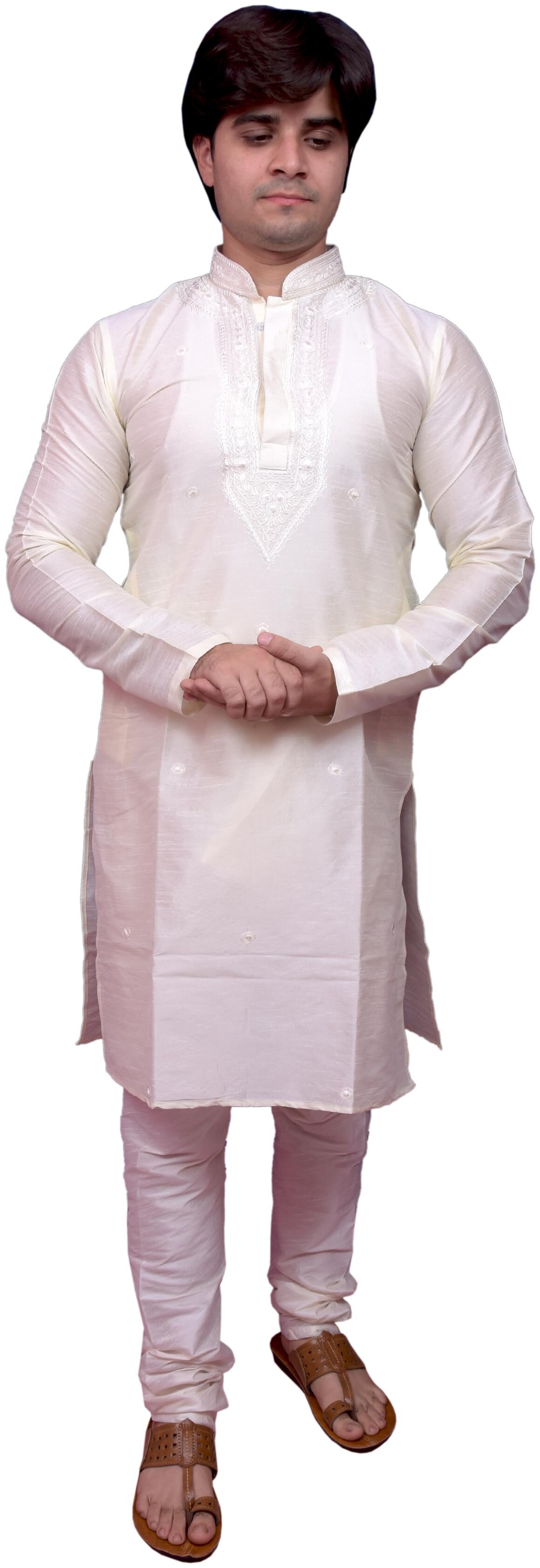 

Adr Chikan White Banarasi Dupion Slik Hand Loop Mens Kurta Pyjama Set