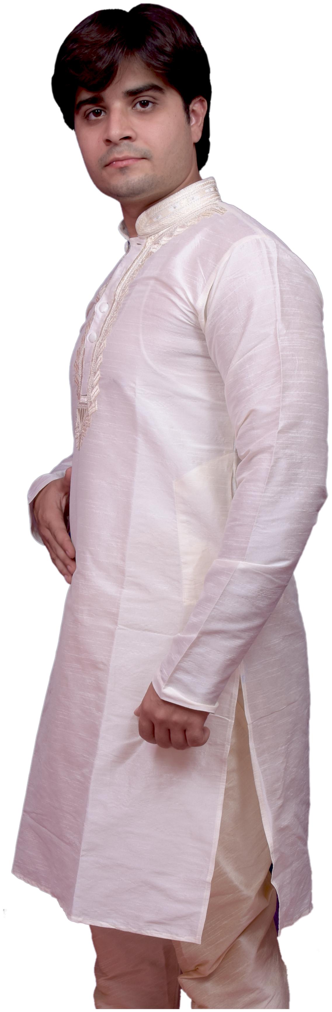 

Adr Chikan White Banarasi Dupion Slik Hand Loop Mens Kurta Pyjama Set