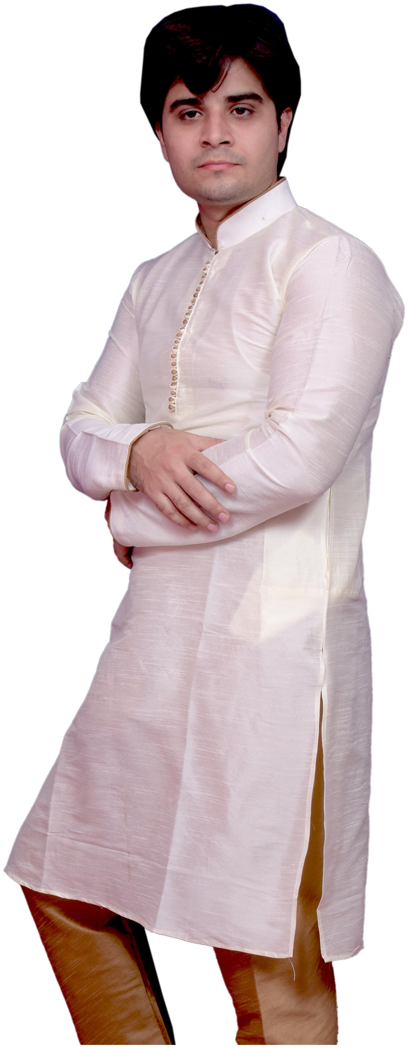 

Adr Chikan White Banarasi Dupion Slik Hand Loop Mens Kurta Pyjama Set