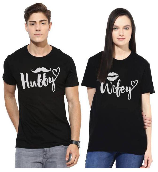 

ADYK Cotton Half Sleeves Printed Black Color Couple T-Shirt