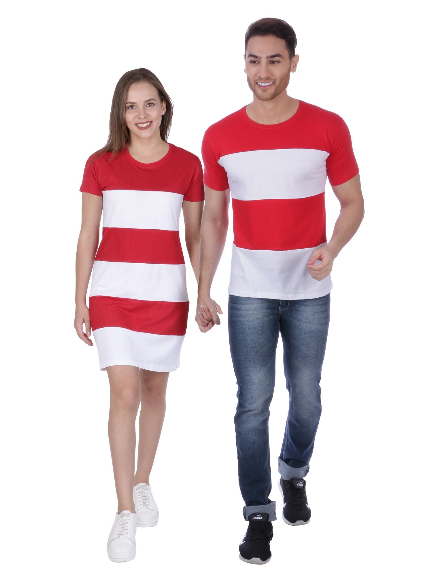 

ADYK Cotton Striped Red White Color T-Shirt Dress and T-Shirt Combo For Couple