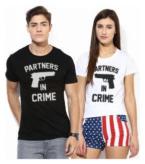 

ADYK Cotton Half Sleeves Printed Black White Color Couple T-Shirt