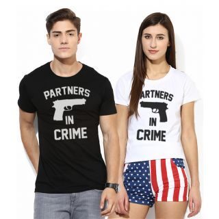 

ADYK Cotton Half Sleeves Printed Black White Color Couple T-Shirt