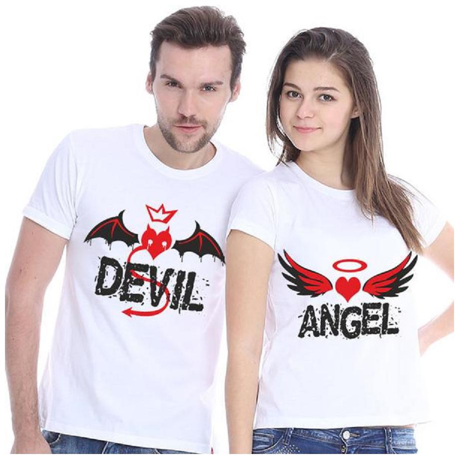

ADYK Cotton Half Sleeves Printed White Color Couple T-Shirt