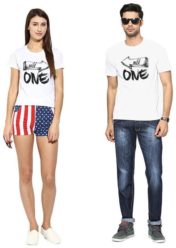 

ADYK Cotton Half Sleeves Printed White Color Couple T-Shirt