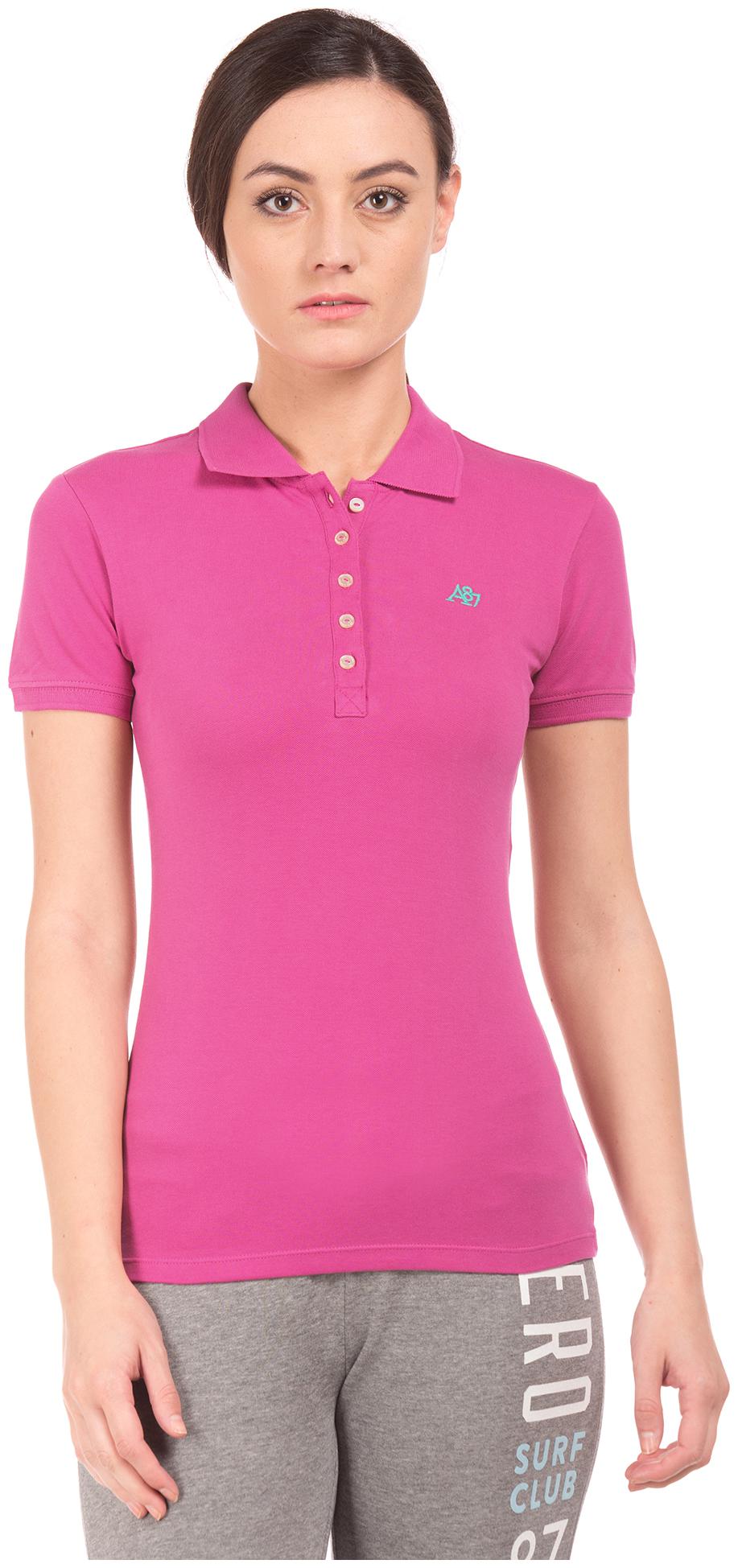 

Aeropostale Women Pink Regular fit Polo neck Cotton T shirt