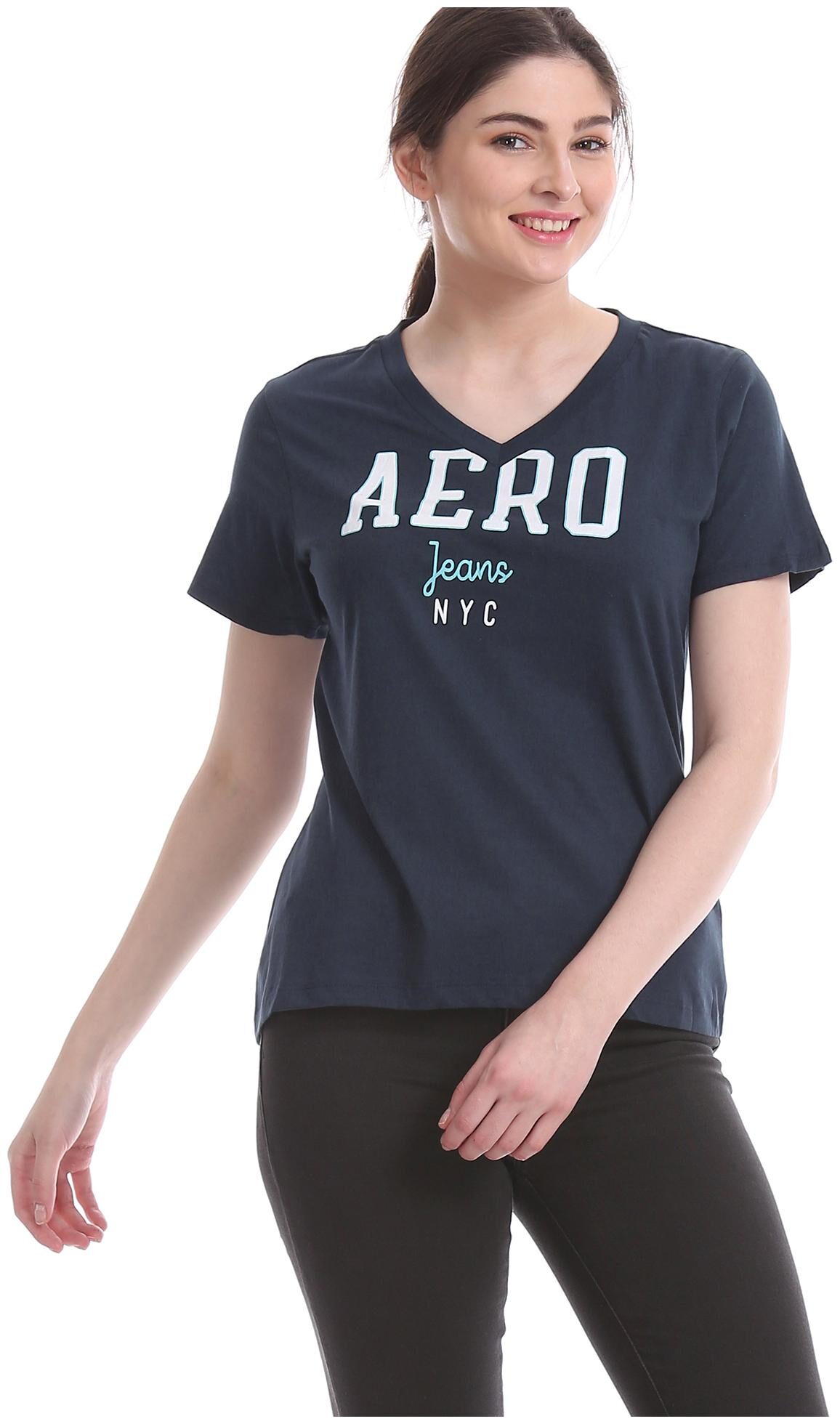 

Aeropostale Women Blue Regular fit V neck Cotton T shirt