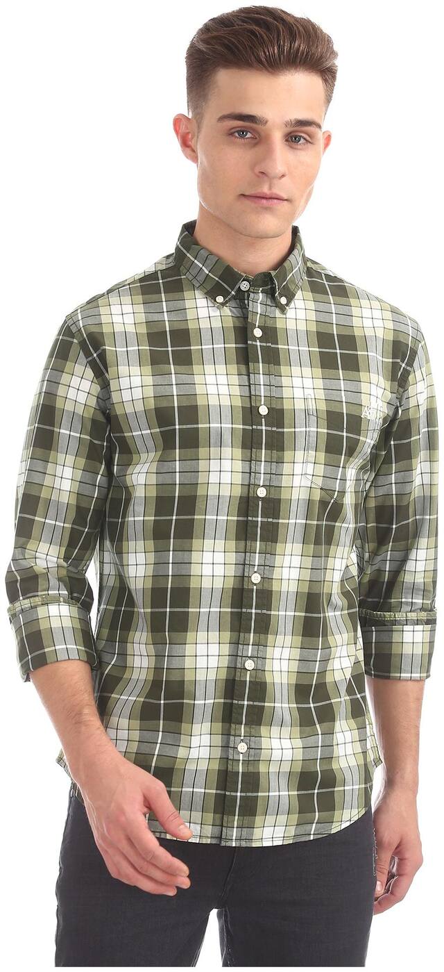 Aeropostale Men Green Checked Regular Fit Casual Shirt
