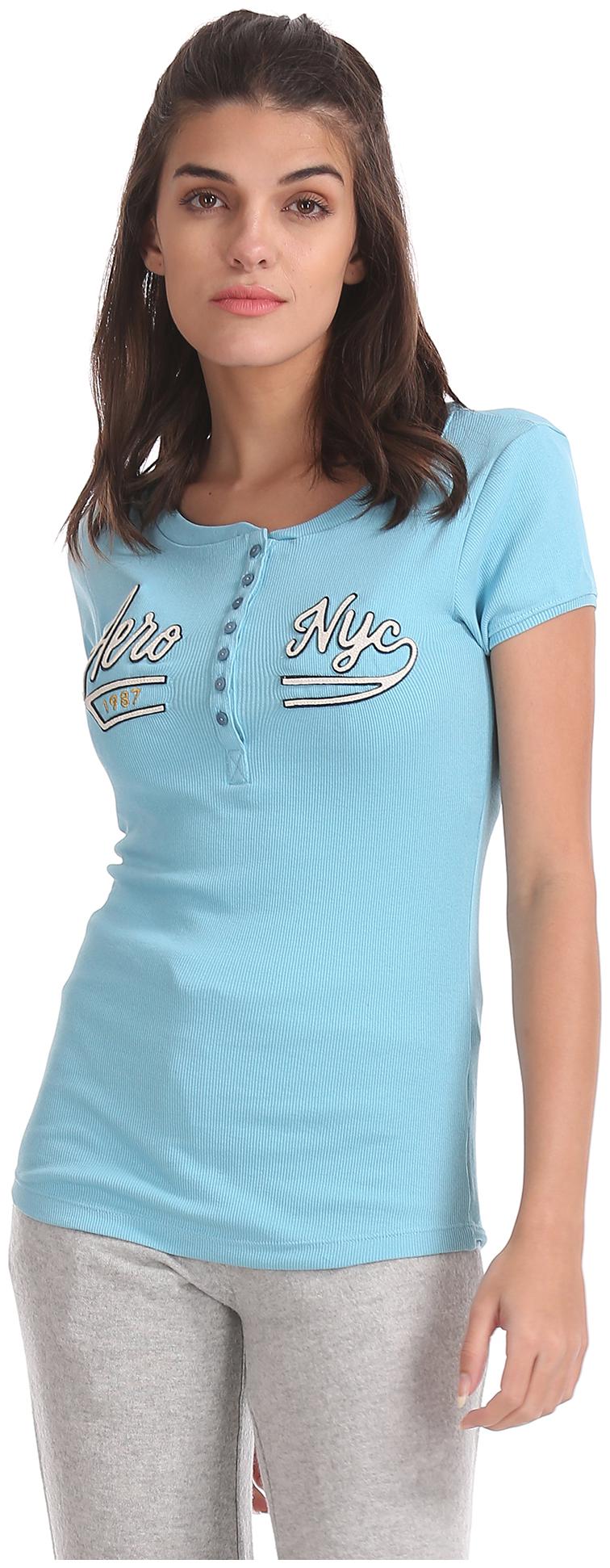 

Aeropostale Women Blue Regular fit Henley neck Cotton T shirt