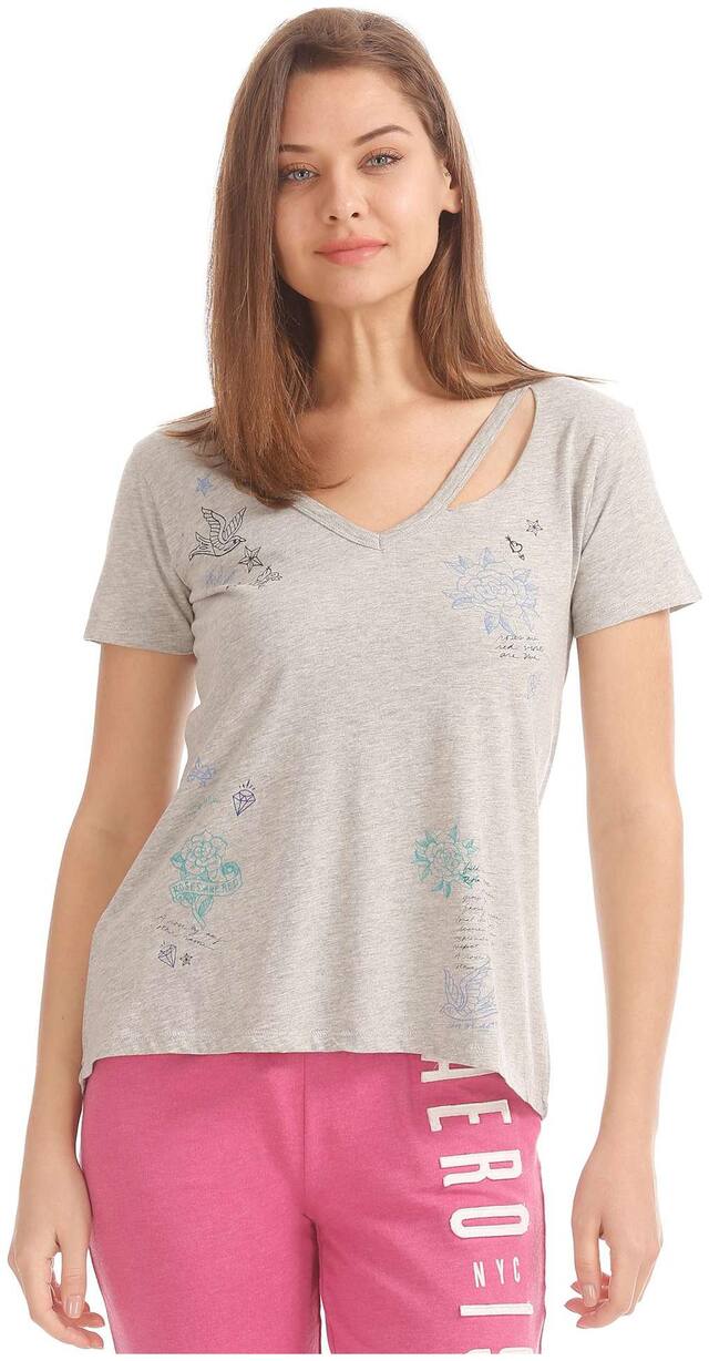 Aeropostale Women Printed A-line top - Grey