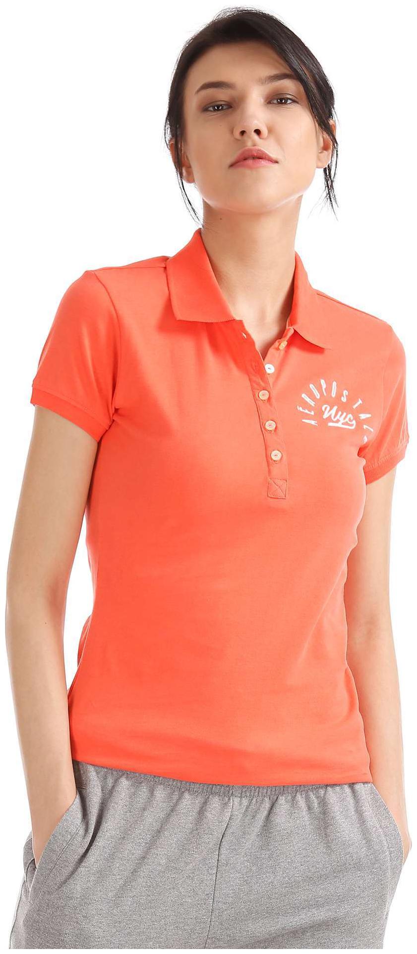 

Aeropostale Women Orange Regular fit Polo neck Cotton T shirt