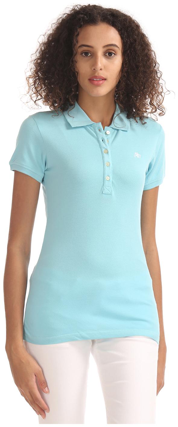 

Aeropostale Women Blue Regular fit Polo neck Cotton T shirt