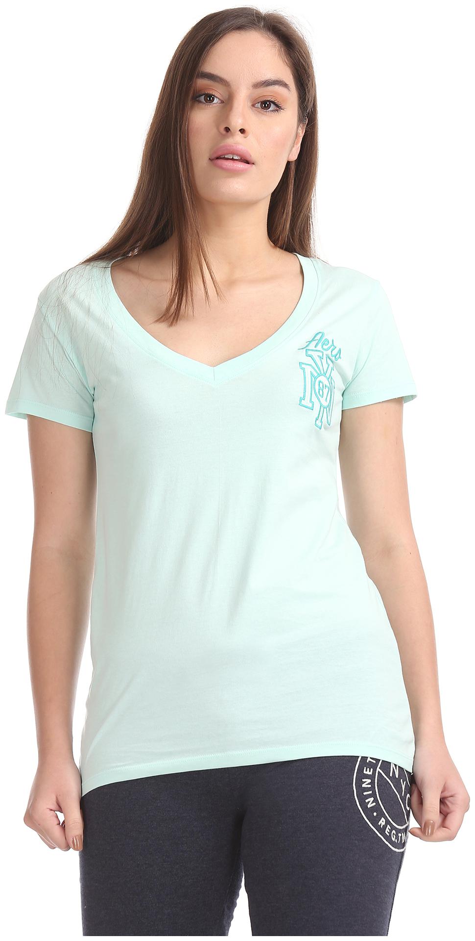 

Aeropostale Women Green Regular fit V neck Cotton T shirt
