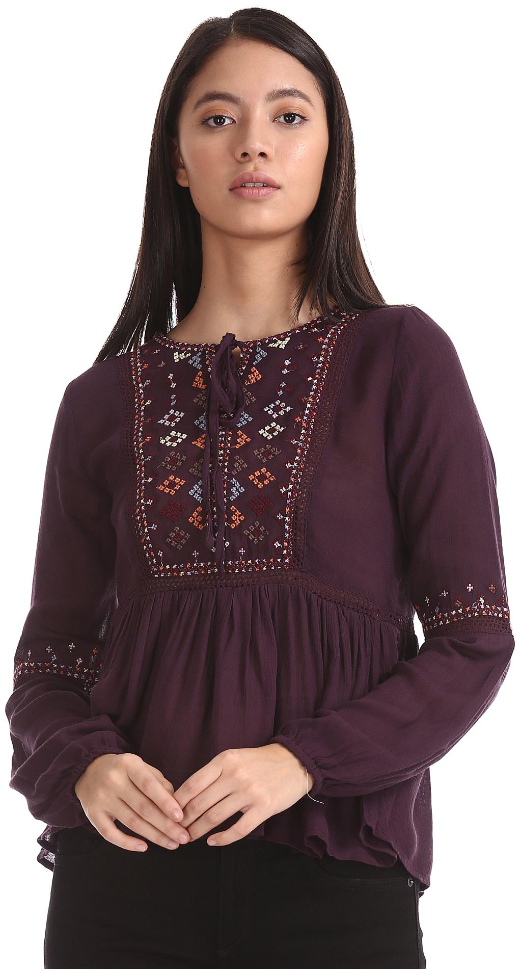 

Aeropostale Women Embroidered Peplum top - Purple