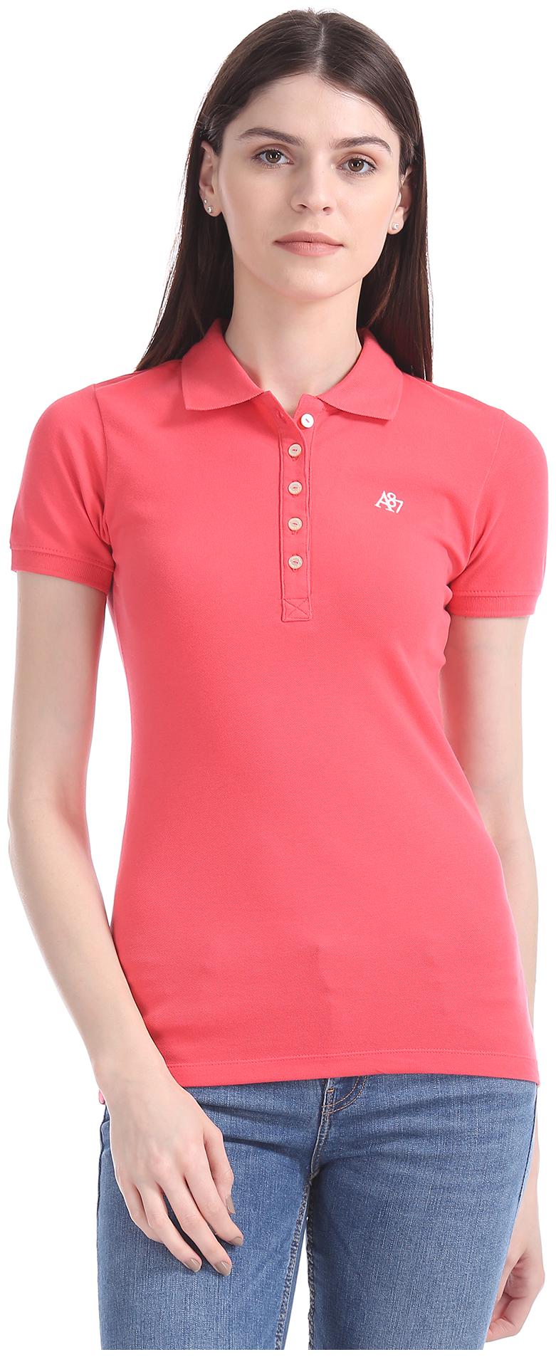 

Aeropostale Women Red Regular fit Polo neck Cotton T shirt
