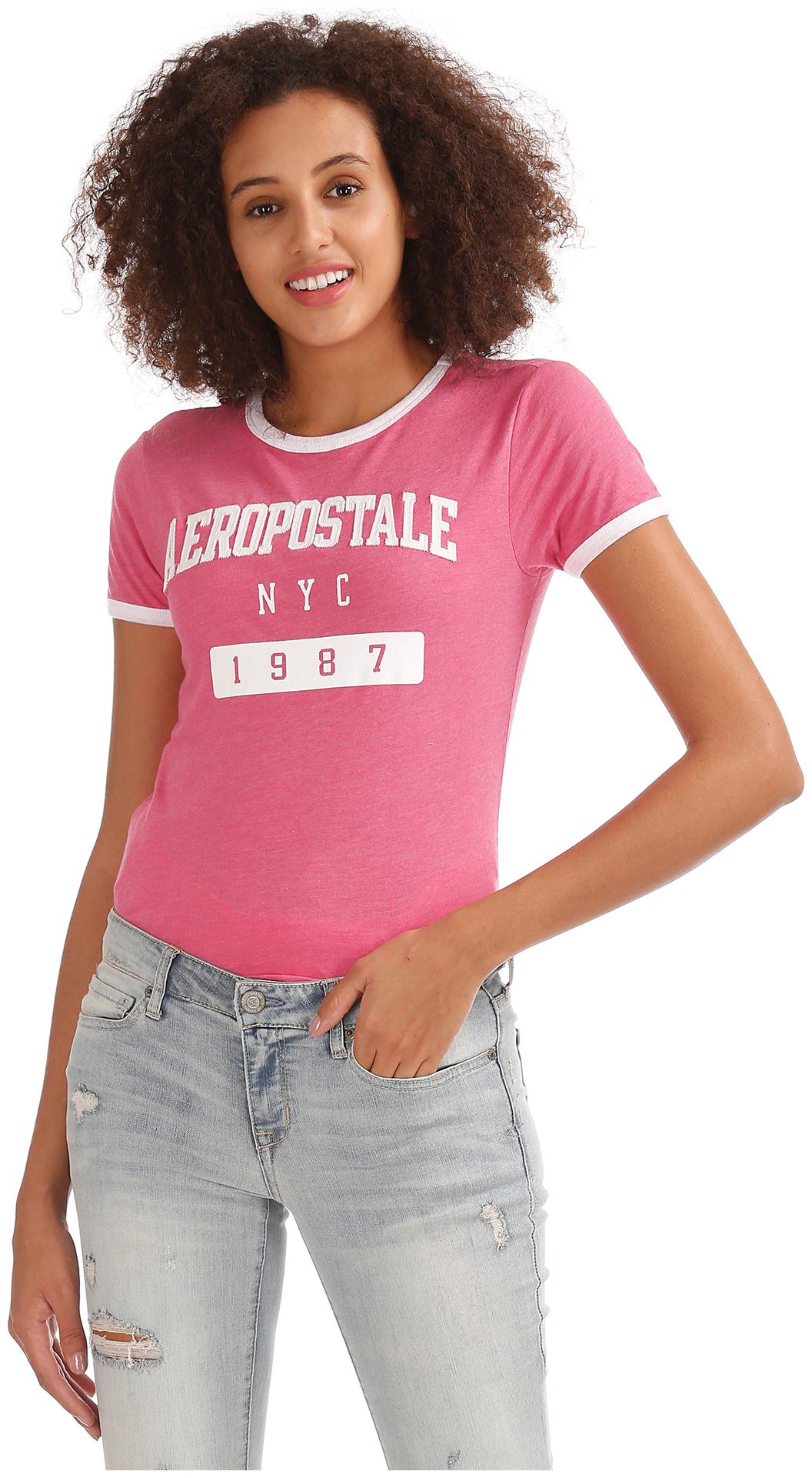 

A ropostale Women Pink Regular fit Round neck Polyester T shirt