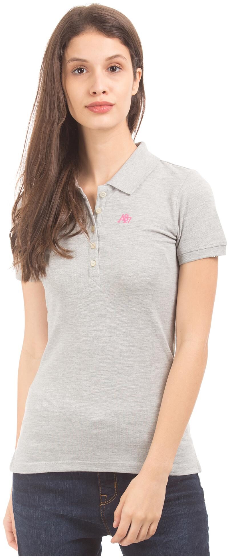 

A ropostale Women Grey Regular fit Polo neck Cotton T shirt