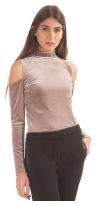 

Aeropostale Beige Polyester Cold Shoulder Velvet Top