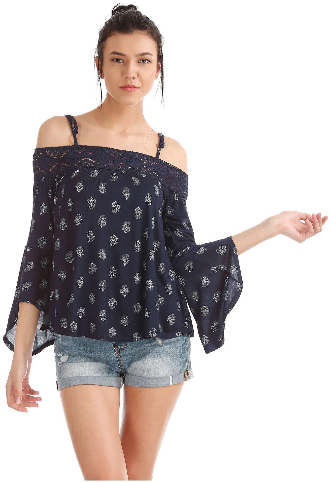 

Aeropostale Blue Viscose Paisley Print Cold Shoulder Top