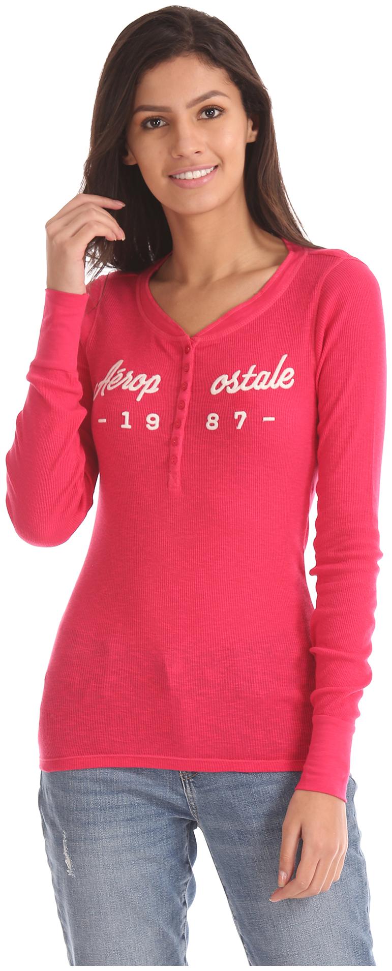 

Aeropostale Women Pink Regular fit Henley neck Cotton T shirt