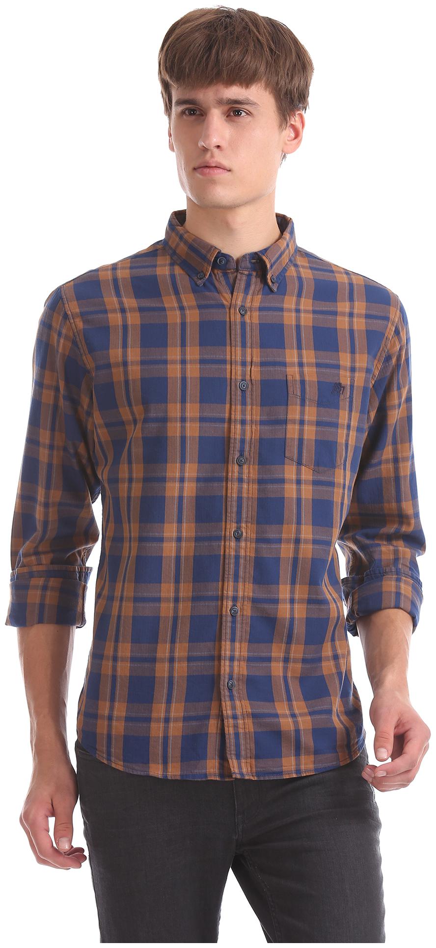 

Aeropostale Men Orange Blue Checked Regular Fit Casual Shirt