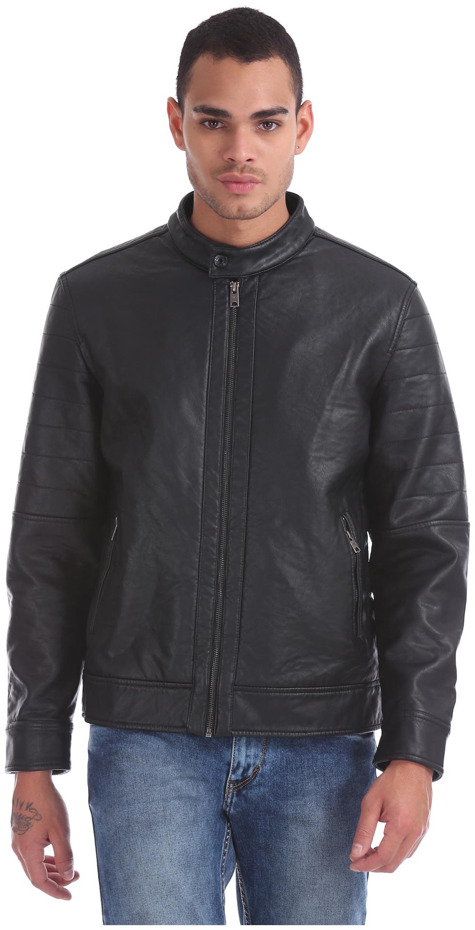 

Aeropostale Men Black Solid Biker jacket