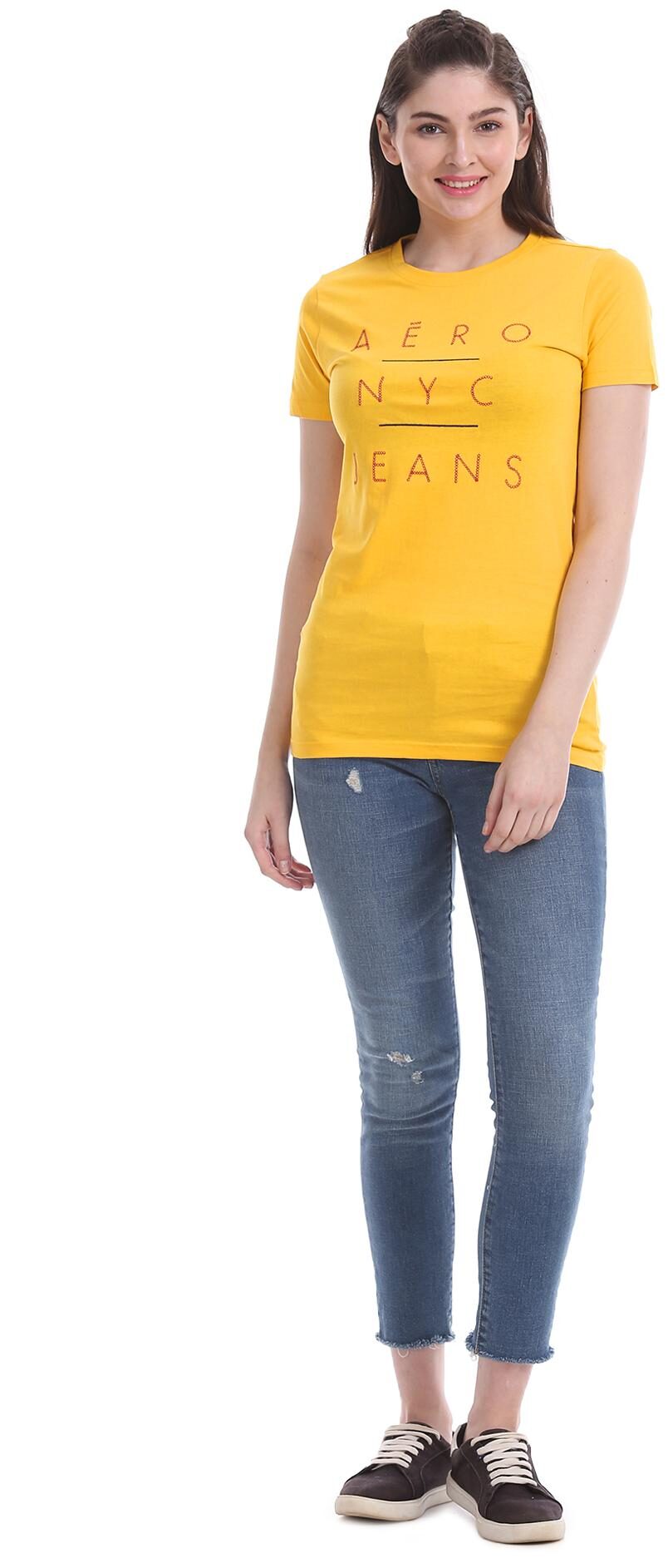 

Aeropostale Women Yellow Regular fit Round neck Cotton T shirt