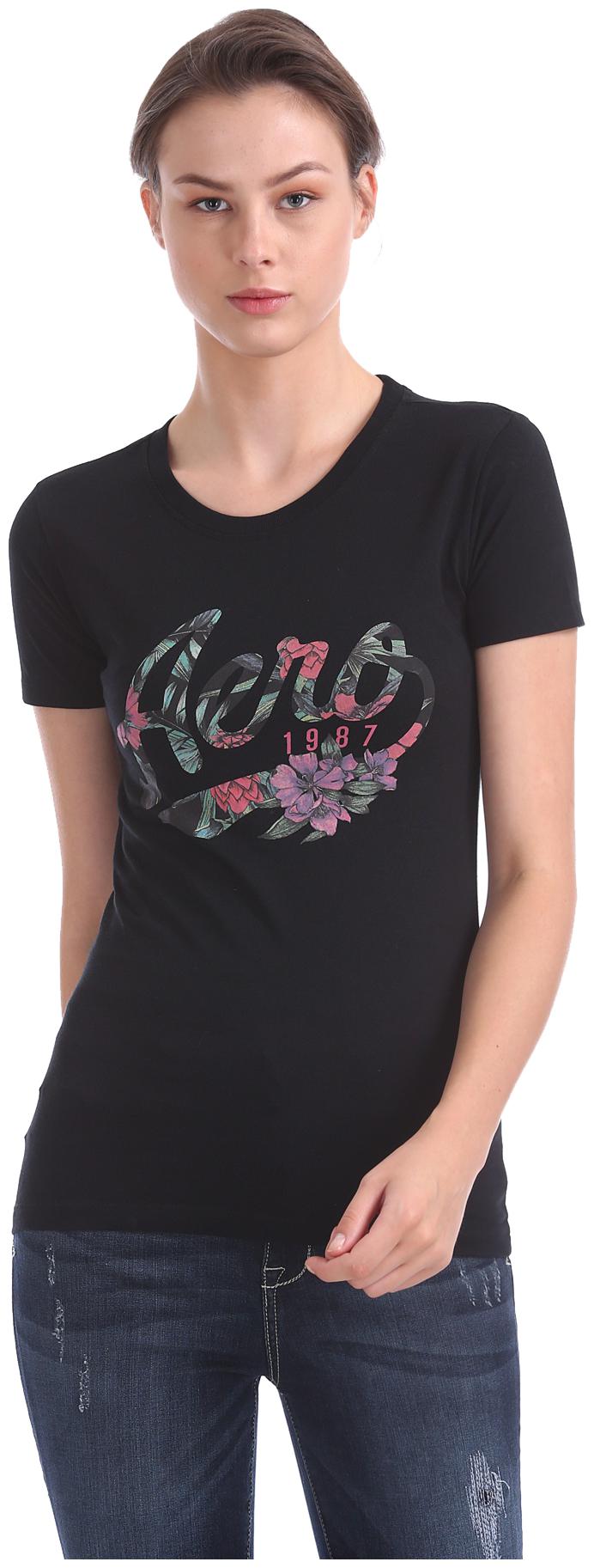 

Aeropostale Women Black Regular fit Round neck Cotton T shirt