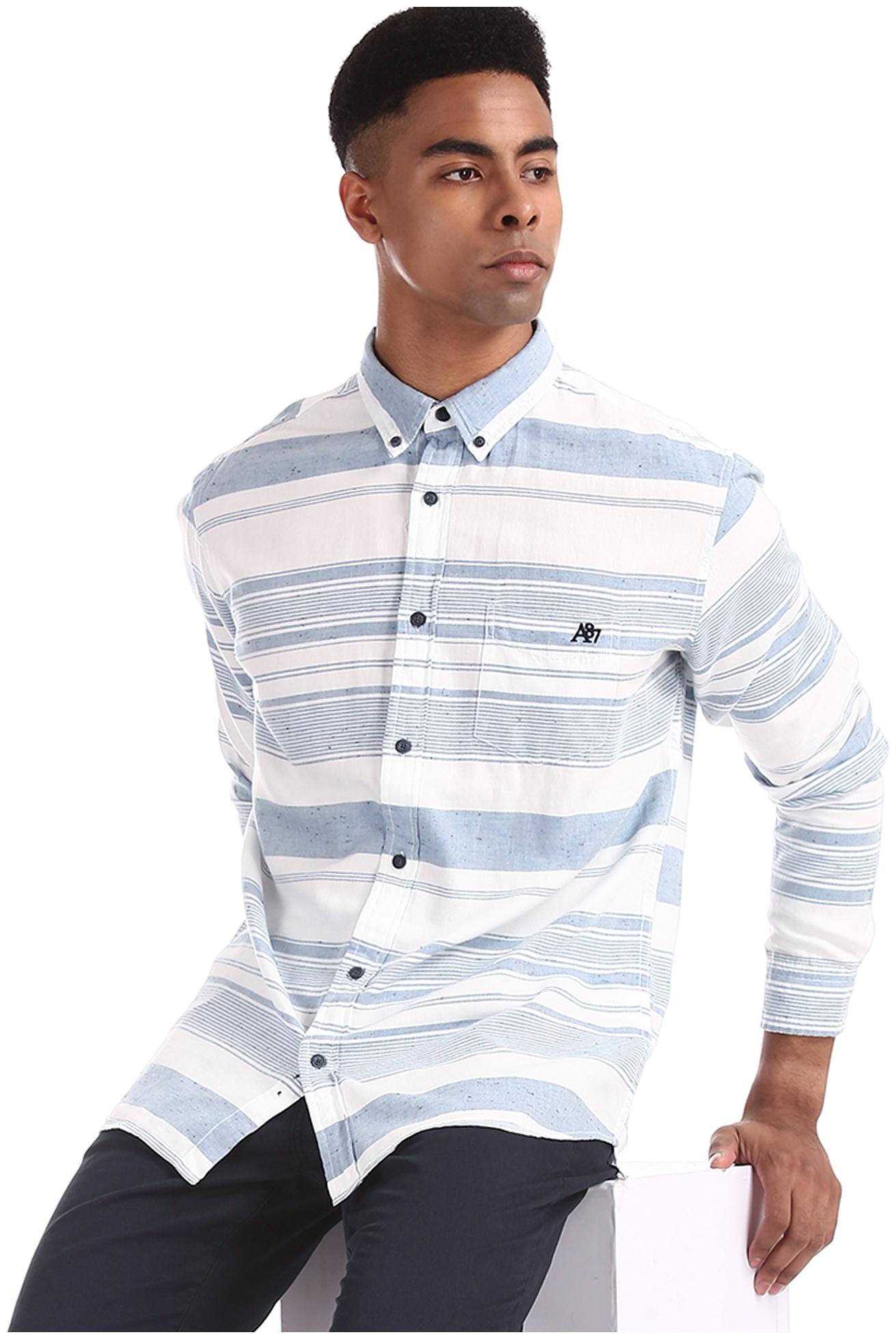 

A ropostale Men Blue Horizontal Stripes Regular Fit Casual Shirt