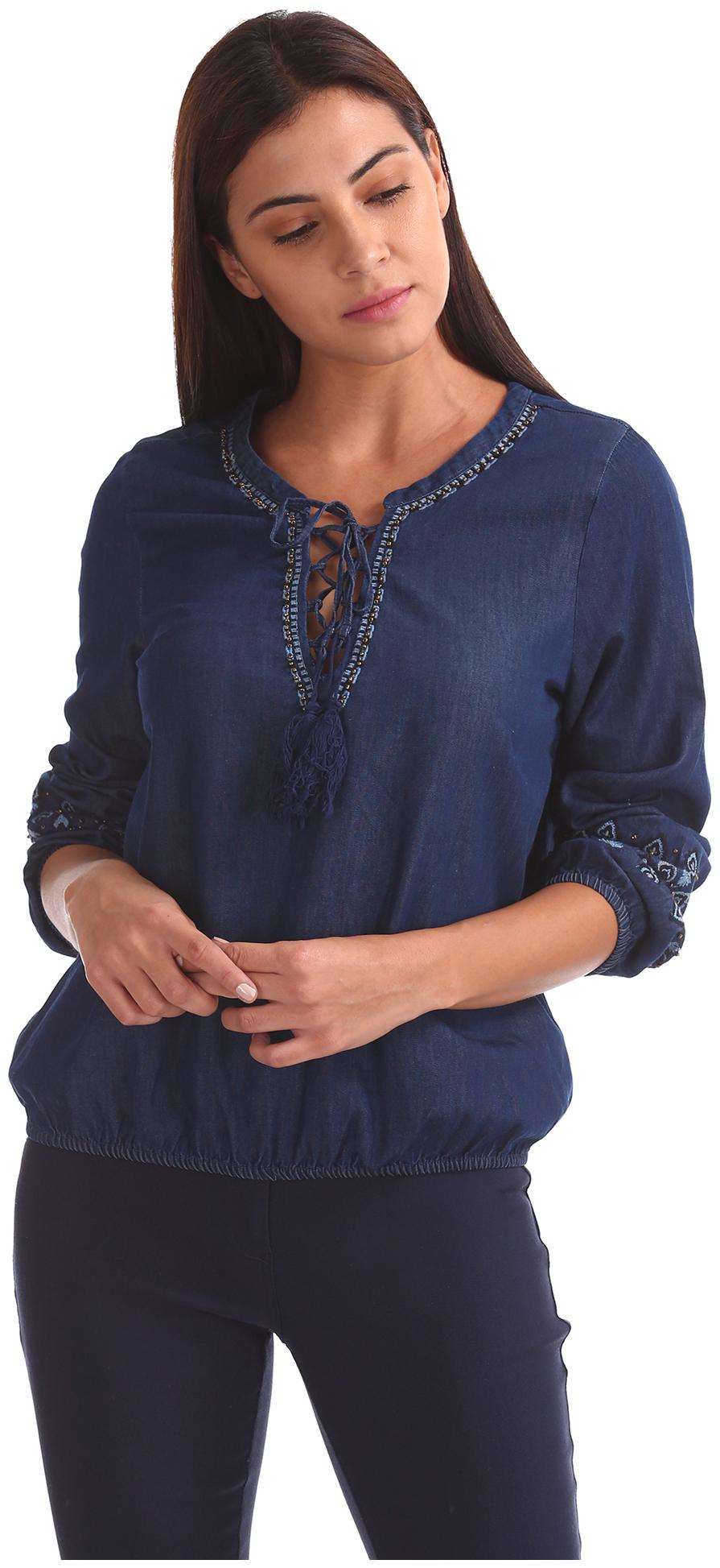 

Aeropostale Women Embroidered Blouson top - Blue