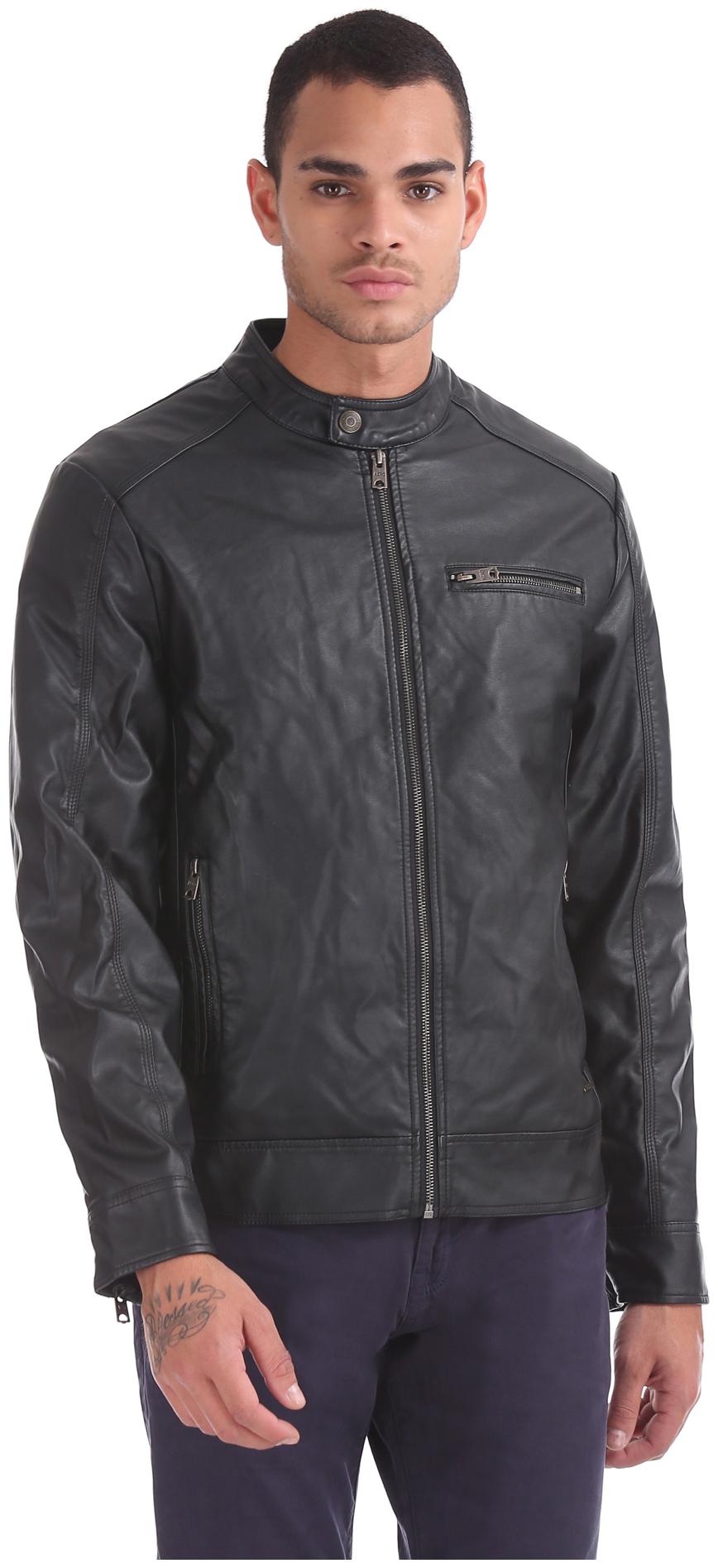 

Aeropostale Men Black Solid Biker jacket