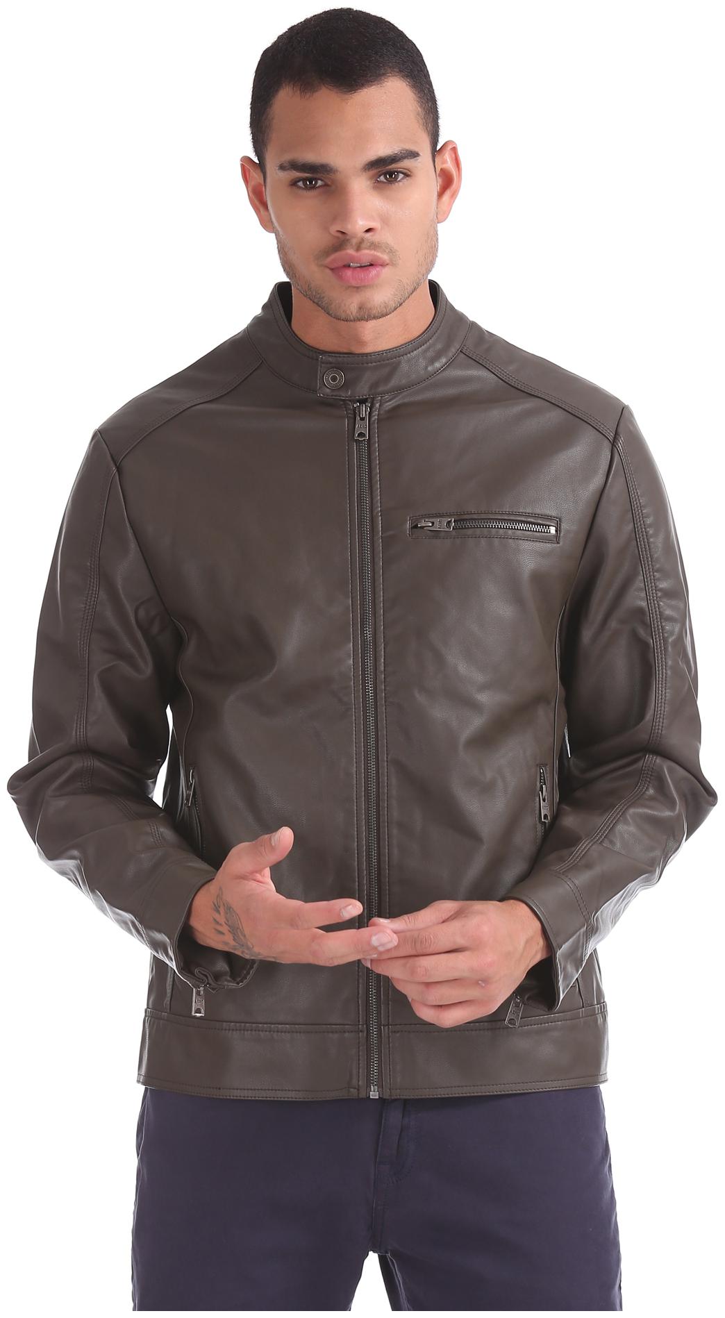 

Aeropostale Men Brown Solid Biker jacket