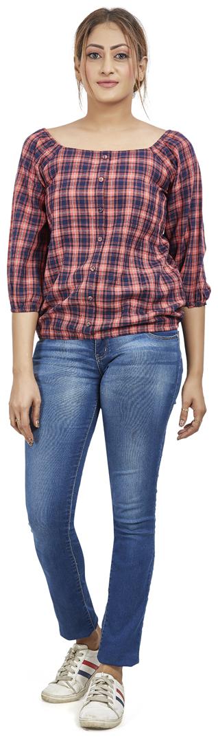 

Agozzy Women Checked Regular top - Peach