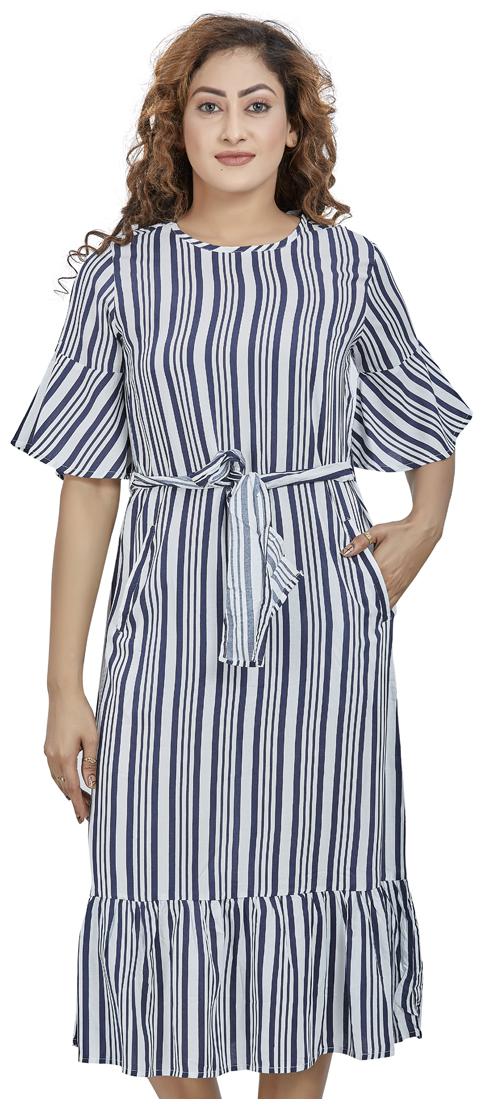 

Agozzy Viscose Rayon Blue Striped A Line Dress For Women