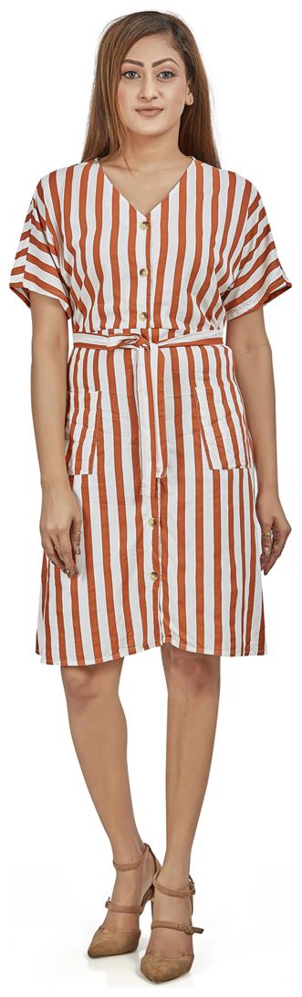 

Agozzy Viscose Rayon Orange Striped A Line Dress For Women