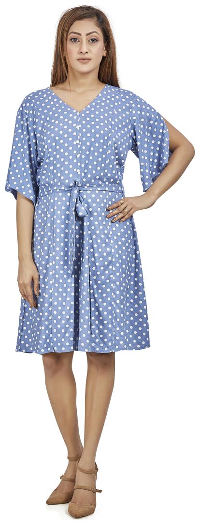 

Agozzy Viscose Rayon Blue Polka Dots A Line Dress For Women