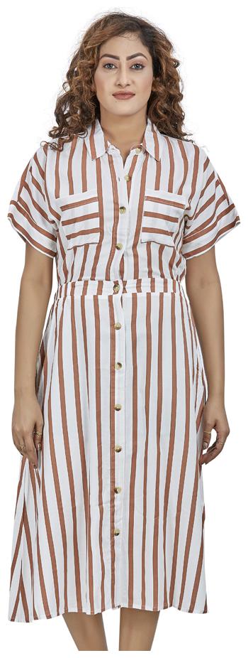 

Agozzy Viscose Rayon Brown Striped A Line Dress For Women