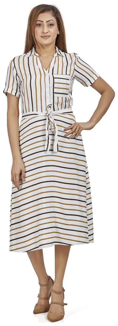 

Agozzy Viscose Rayon White Striped A Line Dress For Women