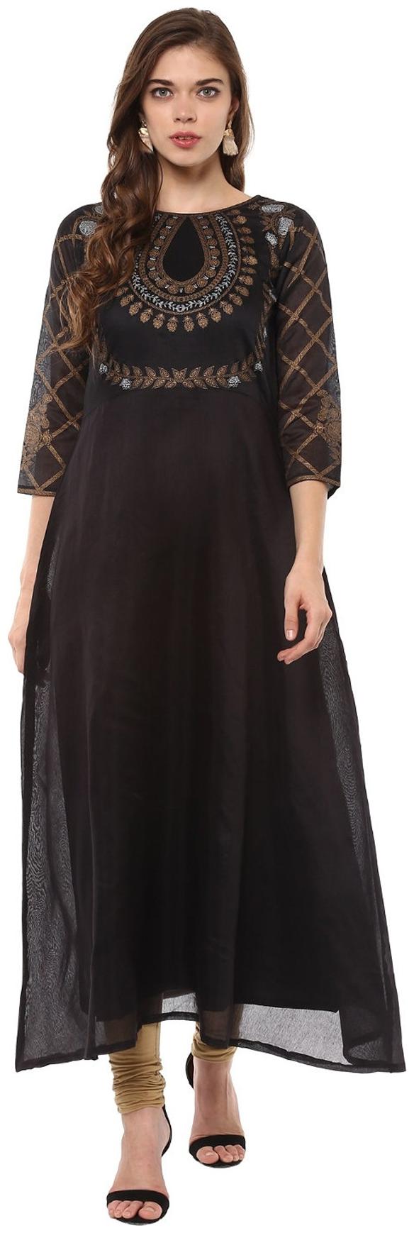 

Ahalyaa A-Line Party Wear Black Print Chanderi Long Flare Kurta